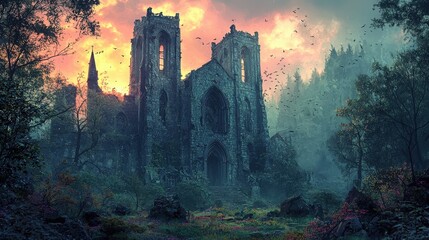 Fototapeta premium Towering gothic ruins, overrun with nature, twilight sky, Watercolor style
