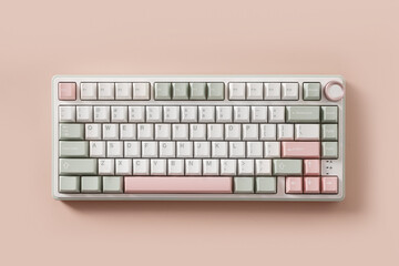 Modern mechanical keyboard on pink background. Minimal style and design keyboard. Custom build...