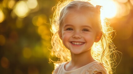 Fototapeta premium A young white girl smiles happily in the sunlight.