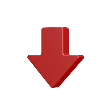 Red arrow pointing down. Isolated. 3d illustration.