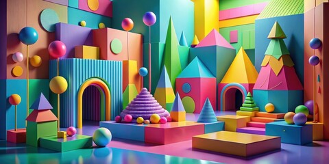 Playful and colorful technicolor wonderland with abstract geometric shapes, quirky, technicolor