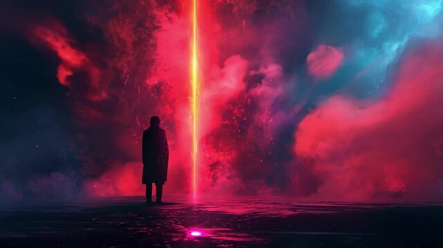 Businessman stands before a glowing portal in a surreal, otherworldly landscape, symbolizing financial opportunities and the unknown future