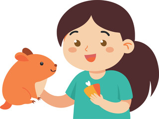 A girl is holding a small animal, possibly a hamster, and smiling. The scene is cheerful and lighthearted, suggesting that the girl is enjoying her time with the pet