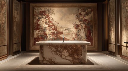 Elegant Florentine tapestry with intricate details in luxurious room showcasing classic European interior design elements and rich textures
