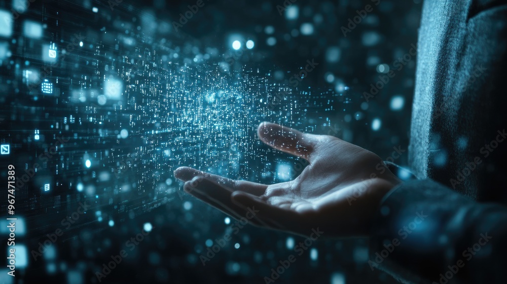 Poster businessman hand show of digital data network transformation for next generation technology on cyber