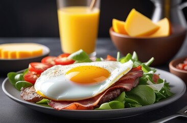 Fototapeta premium A delicious and hearty breakfast dish featuring a perfectly cooked sunny-side-up egg with a runny yolk, crispy bacon, and a savory sausage patty.