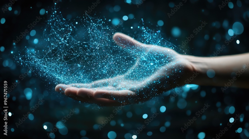 Poster businessman hand show of digital data network transformation for next generation technology on cyber