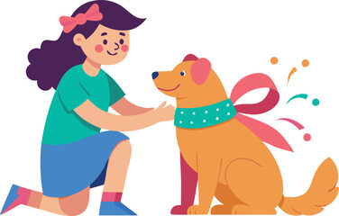 A girl is petting a dog with a pink ribbon around its neck. The girl is wearing a green shirt
