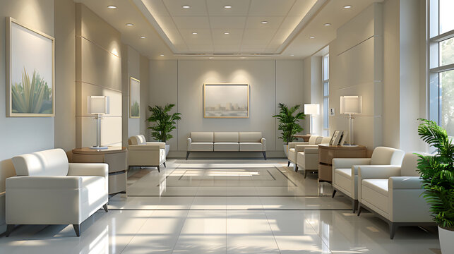 Clean and minimalist entrance hall of the polyclinic with waiting area. Generative by AI