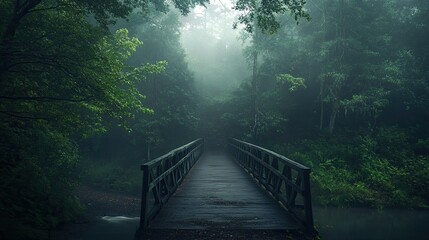 Fototapeta premium A fog-covered bridge leading over a river surrounded by mysterious, dense forest