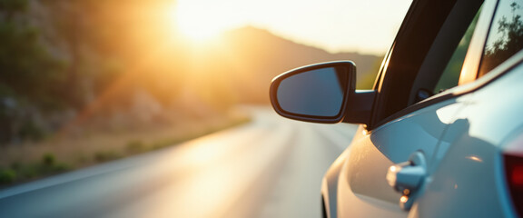 Car driving on a road with the sunset in the background