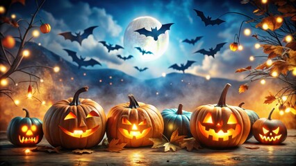 Spooky Halloween background with glowing pumpkins and bats, pumpkin, Halloween, background, spooky, glowing, bats