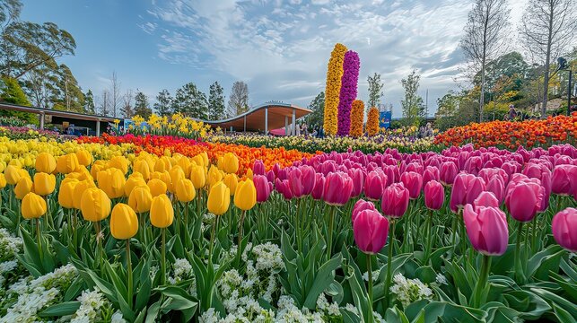 Vibrant display of tulips, daffodils, and floral sculptures at Canberra&rsquo;s Floriade Festival, Australia&rsquo;s largest spring bloom celebration, creating a stunning sea of colors.

