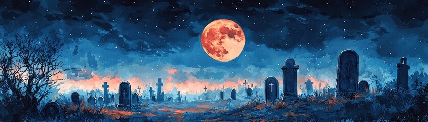 Fototapeta premium Full moon, casting shadows, gothic gravestones, Watercolor style