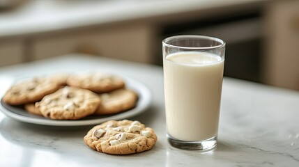 A glass of cold milk on a kitchen counter next to a plate of freshly baked cookies.