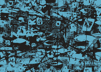 Poster with glitch distorted grungy textures . Cyber punk collection of textures with halftone dots, glitched shapes, textures and lines .Screen print vector backgrounds
