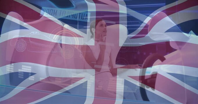Animation of flag of uk over caucasian woman sitting in modern car