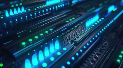 Abstract close up of server components with blue and green lights, creating a high tech atmosphere