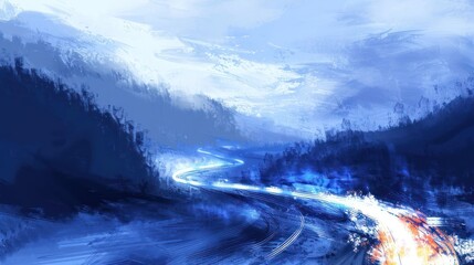 Naklejka premium A serene landscape featuring a winding road through misty mountains and a tranquil atmosphere.