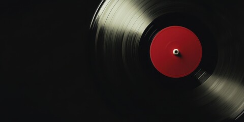 A close-up view of a vintage vinyl record with a red label, showcasing its grooves against a dark background.