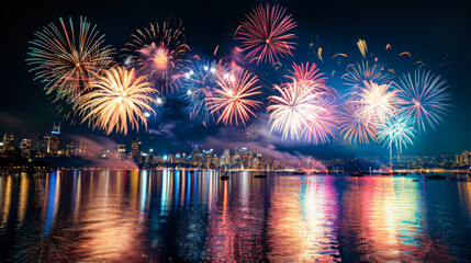 Fireworks over city skyline