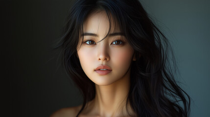 Fototapeta premium Korean woman with long dark hair in a soft light setting, showcasing natural beauty and calm expression in a serene indoor environment