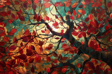 Vibrant autumn leaves against dramatic sky