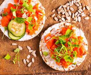 Healthy breakfast, snack, tapas - sandwiches with cream cheese and smoked salmon