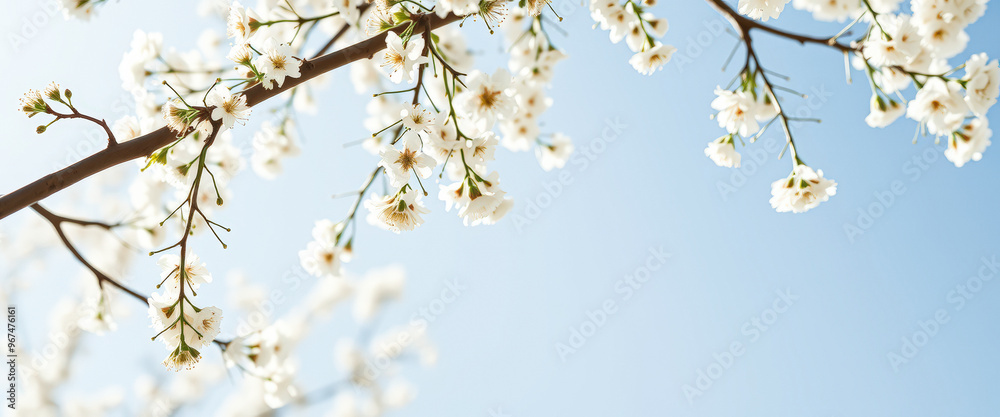 Wall mural white blossoms against a blue sky