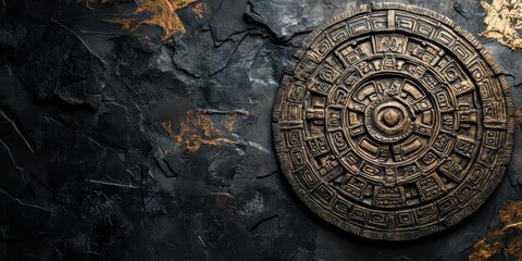 Naklejka premium A detailed depiction of an ancient calendar stone on a textured dark background, symbolizing rich cultural heritage.