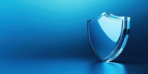 A glossy shield symbolizing protection and security on a vibrant blue background, ideal for themes of safety and defense.