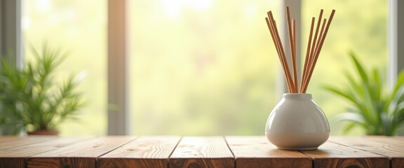 Wooden table with a white vase with sticks in front of a window