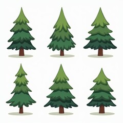 Obraz premium Cartoon Evergreen Trees Illustration - Set of Six Green Pine Trees in Various Designs. Perfect for Educational Materials, Kids' Projects, and Nature-Themed Decorations.