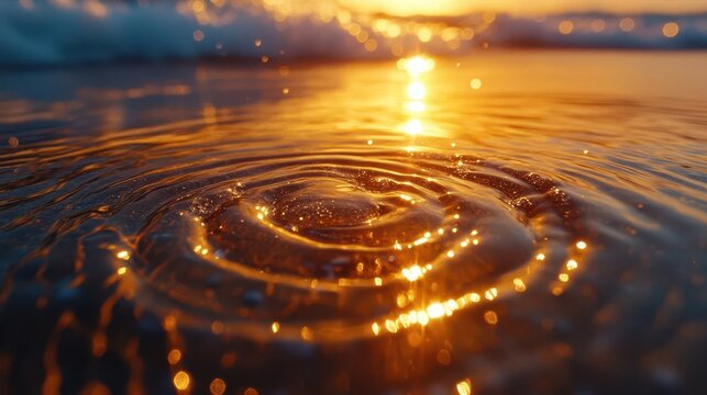 mesmerizing macro shot of wet sand ripples at twilight tiny shells and seeds create intricate patterns reflecting the last light of day