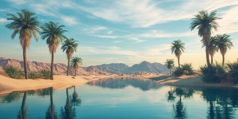 A serene desert landscape with palm trees reflecting in a tranquil lake under a vibrant sky, evoking peace and natural beauty.