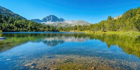 Obraz premium A serene lake reflects surrounding mountains and greenery under a clear blue sky, perfect for nature enthusiasts and landscape lovers.
