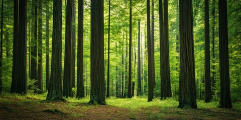 A serene forest scene showcasing tall trees surrounded by lush greenery, evoking tranquility and the beauty of nature.
