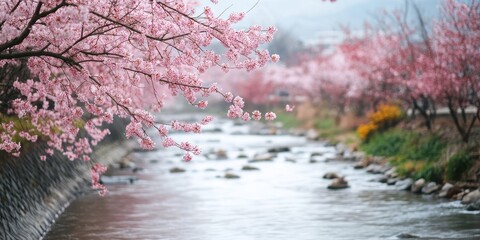 Naklejka premium A serene river flows gently, framed by vibrant pink cherry blossoms in full bloom, creating a peaceful spring landscape.