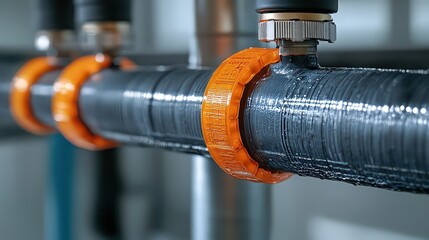  Industrial pipes wrapped with orange heat tape for insulation and freezing prevention in cold environments, ensuring efficient heating and smooth operation of pipes.