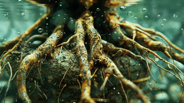 Underwater views of constricted plant roots in a tranquil aquatic environment