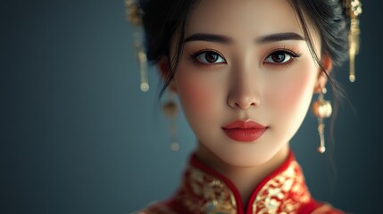 Fototapeta premium a Chinese woman with a focus on her attire and expression whether traditional or modern isolated on a dark background