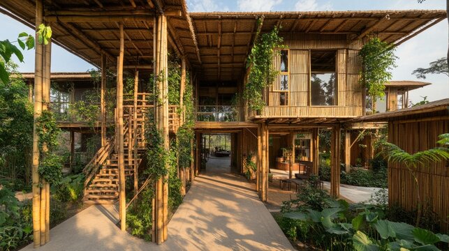 Modern bamboo house surrounded by lush greenery, showcasing sustainable architecture in a serene setting