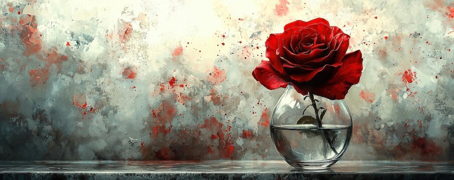 Blood-red rose, dark petals, withering in a glass vase, Watercolor style