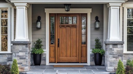  Wooden front door framed by stone pillars and potted plants, offering a stylish and welcoming entrance to a modern home. - Powered by Adobe