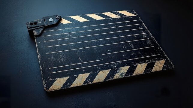 a clapperboard with blank areas for scene and take numbers including a well-defined clapper and frame isolated on a dark background