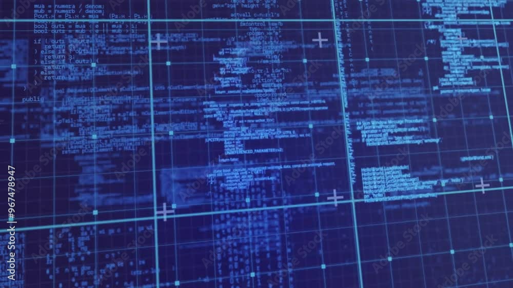 Poster animation of data processing over grid on blue background