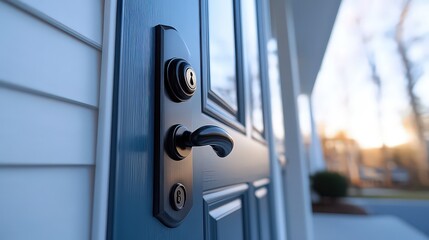  Modern blue front door with matte black handle and lock, reflecting minimalist design. Cool tones emphasize sleek, contemporary style of the house.