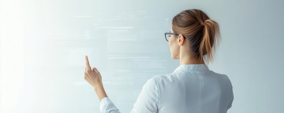 Businesswoman on a digital platform expanding her reach with scalable solutions, symbolizing market reach, business scalability