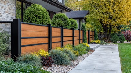  Modern wooden fence with sleek black panels, surrounded by lush bushes and colorful plants, enhancing the home’s outdoor space.