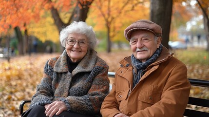 Portrait of an elderly happy elite couple in an autumn park on a bench
